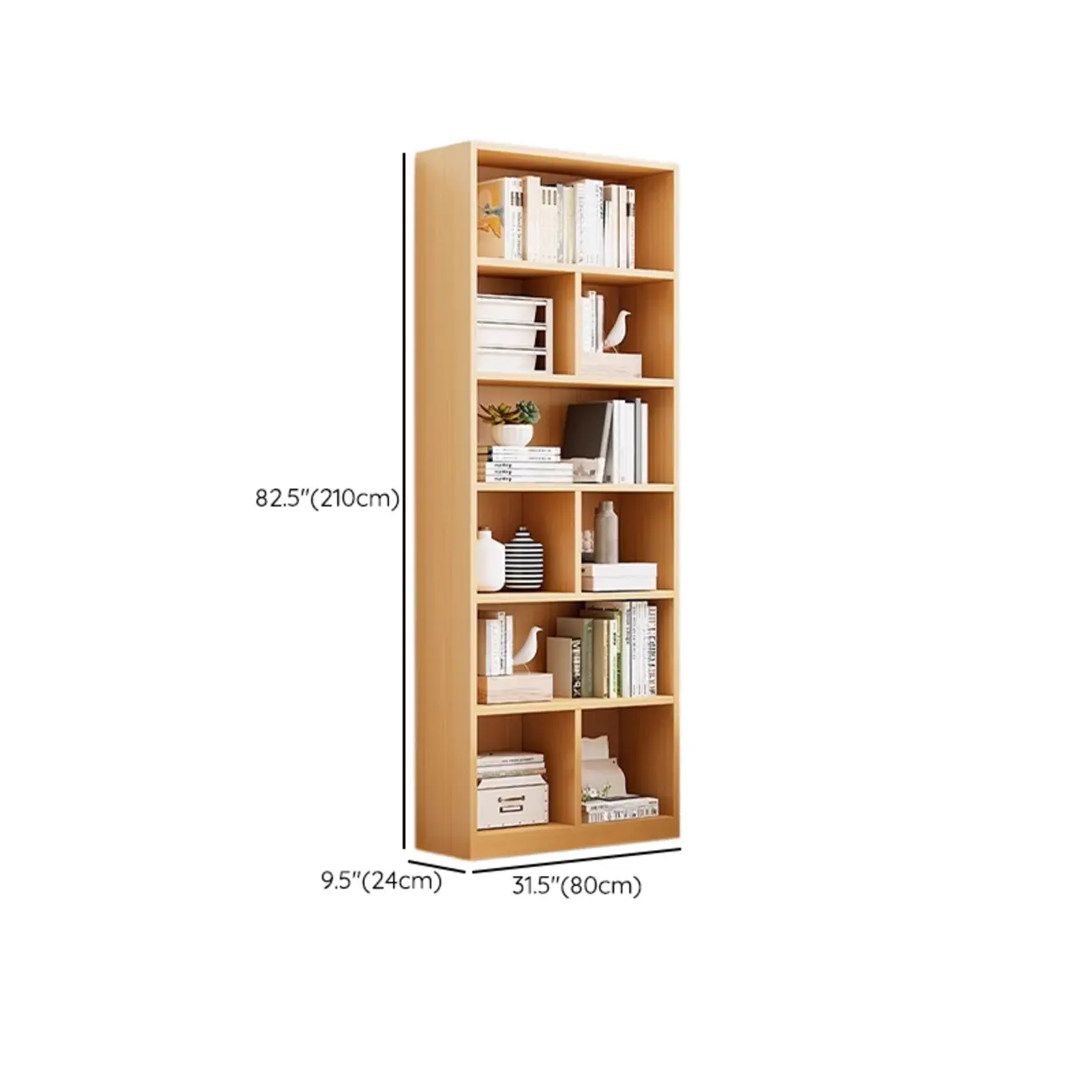Natural Finish Narrow 6 Shelves Wooden Bookcase with Drawer Image - 36 | homeyfad