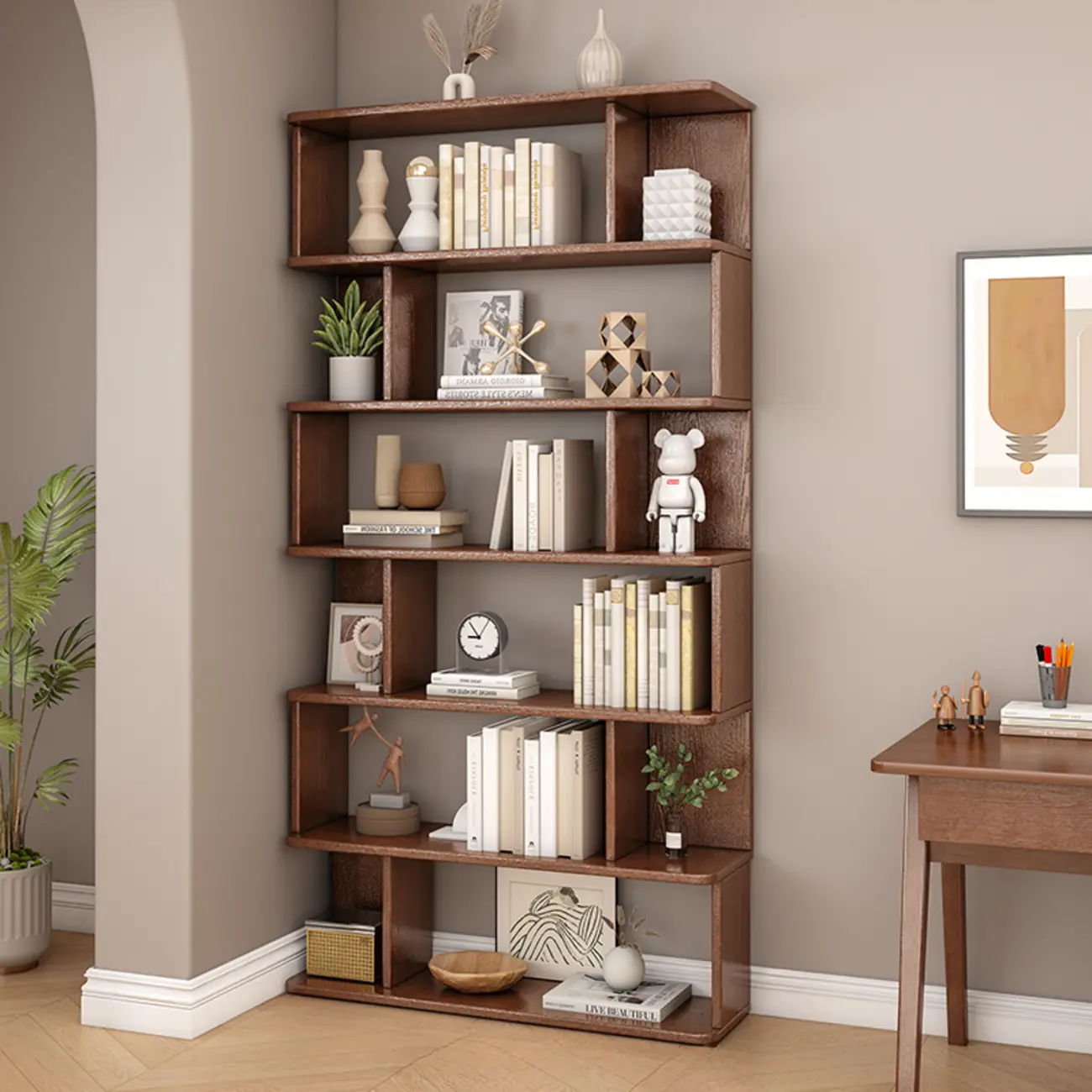 Mid-Century 6-Tier Open Back Wooden Bookshelf Image - 2 | homeyfad
