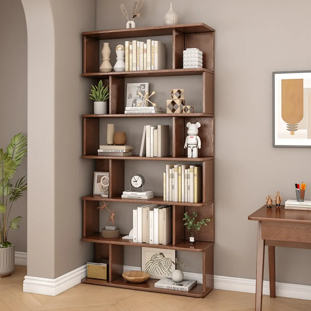 Mid-Century 6-Tier Open Back Wooden Bookshelf Image - 2