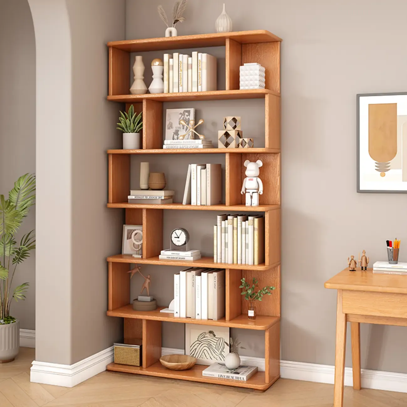Mid-Century 6-Tier Open Back Wooden Bookshelf Image - 4