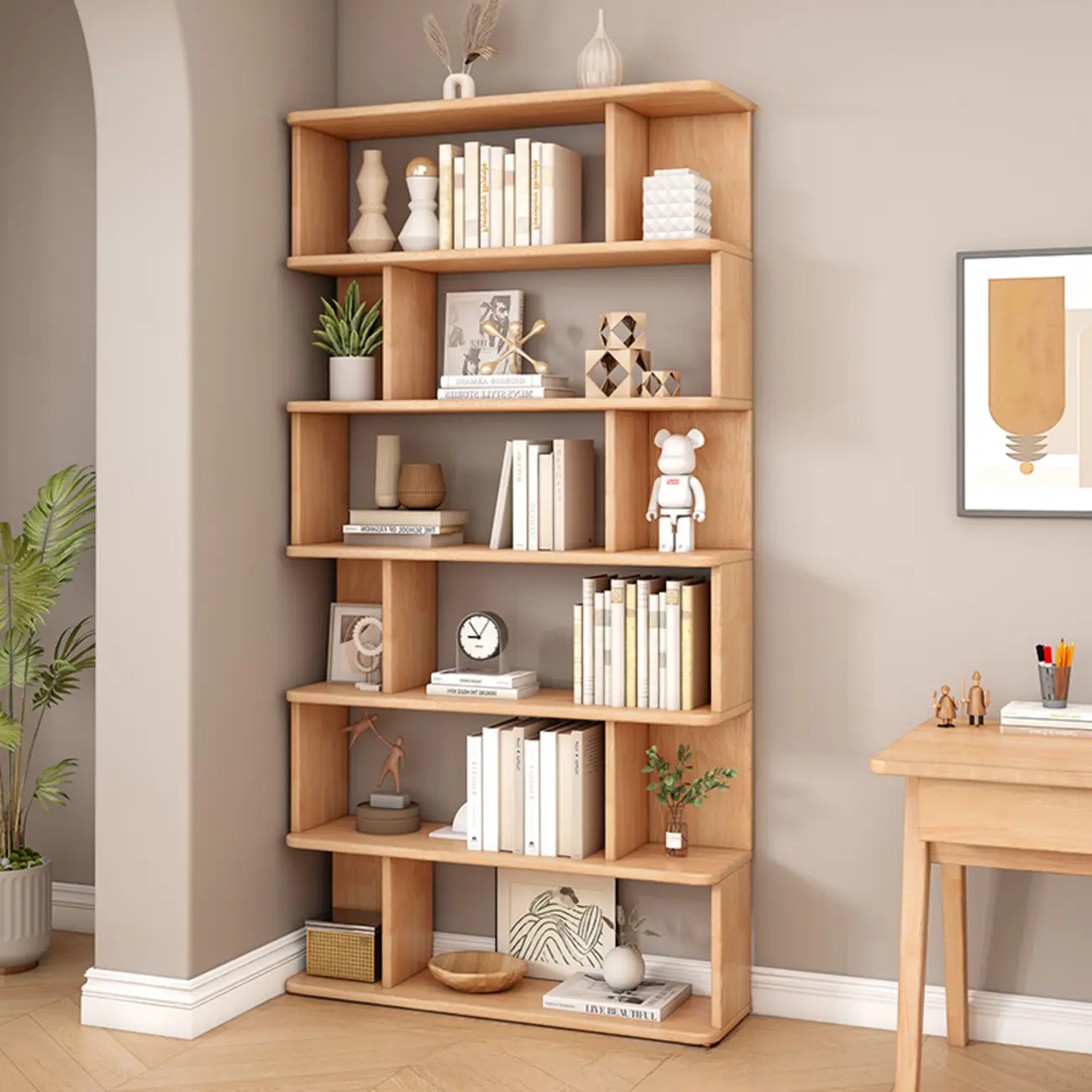 Mid-Century 6-Tier Open Back Wooden Bookshelf Image - 6 | homeyfad