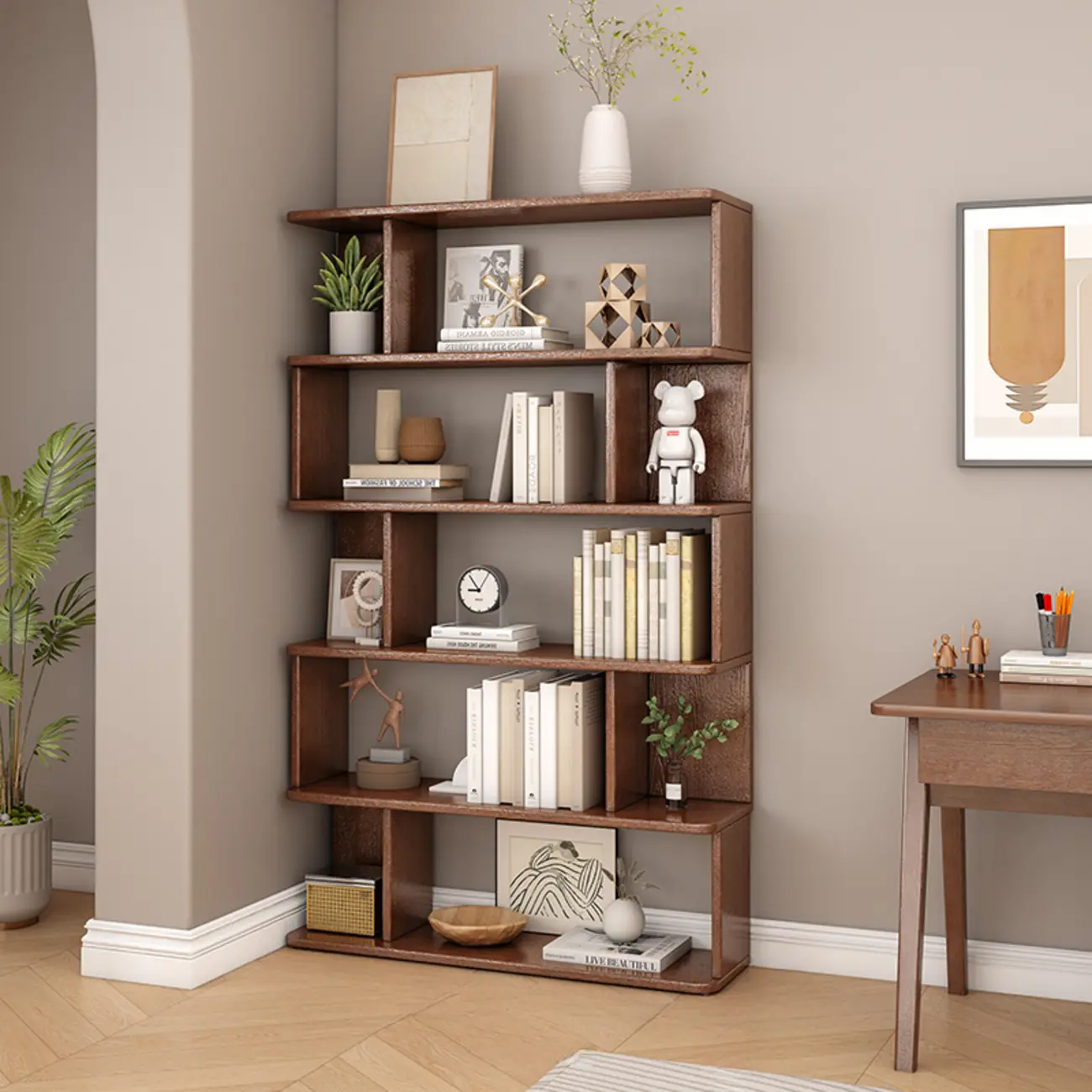 Mid-Century 6-Tier Open Back Wooden Bookshelf Image - 7 | homeyfad