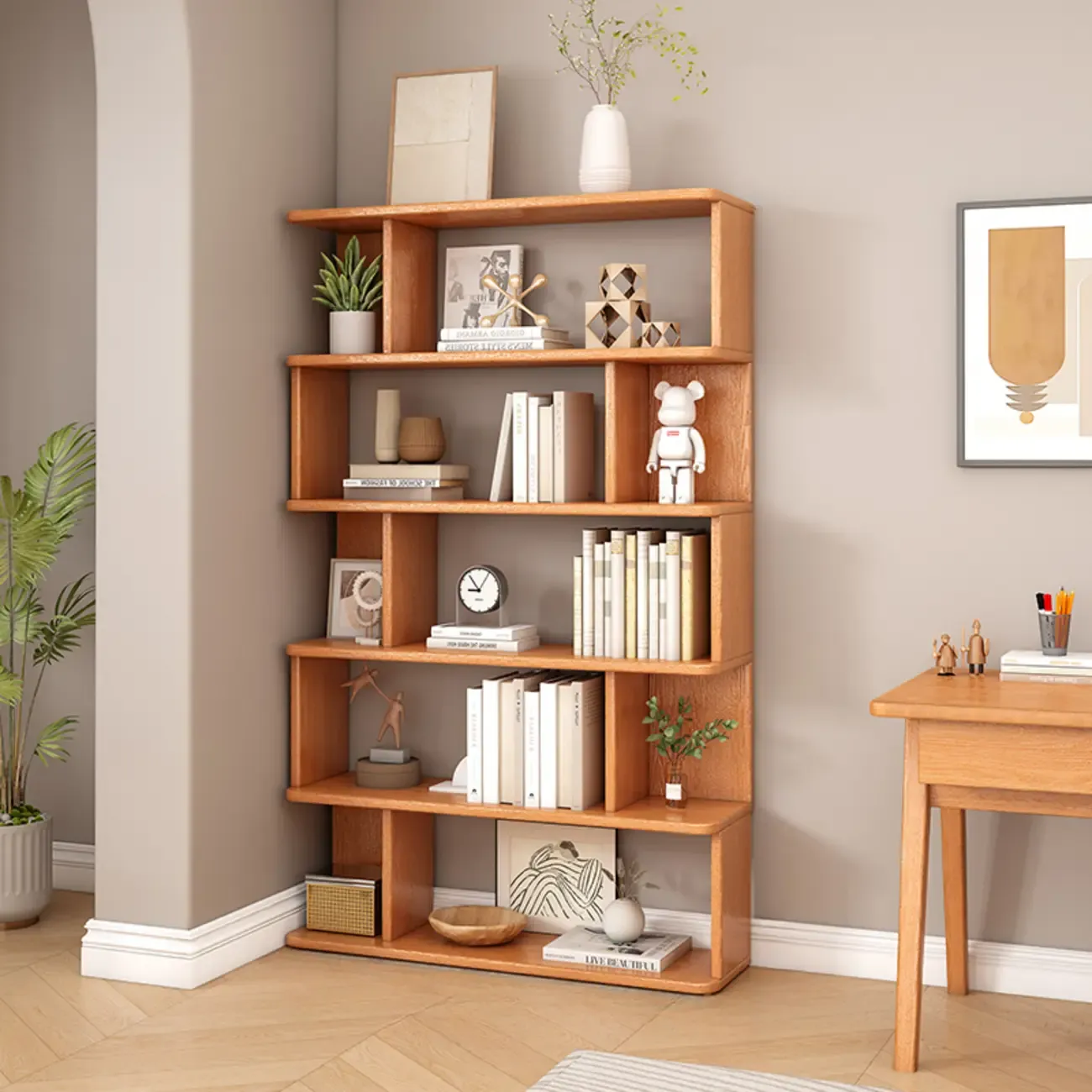 Mid-Century 6-Tier Open Back Wooden Bookshelf Image - 10