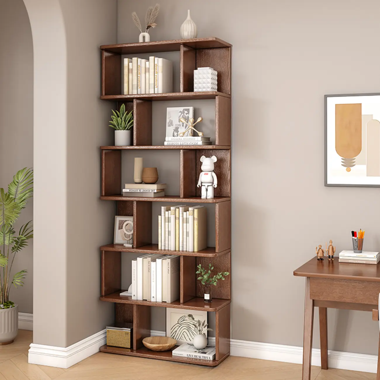 Mid-Century 6-Tier Open Back Wooden Bookshelf Image - 12 | homeyfad