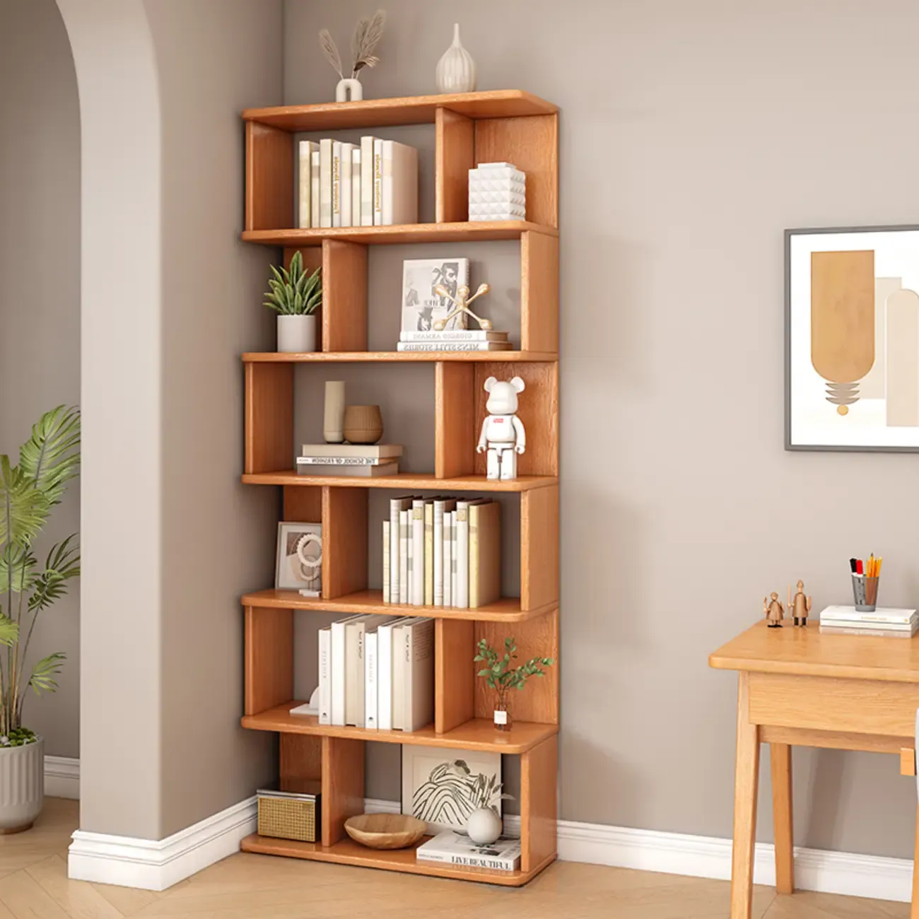 Mid-Century 6-Tier Open Back Wooden Bookshelf Image - 13