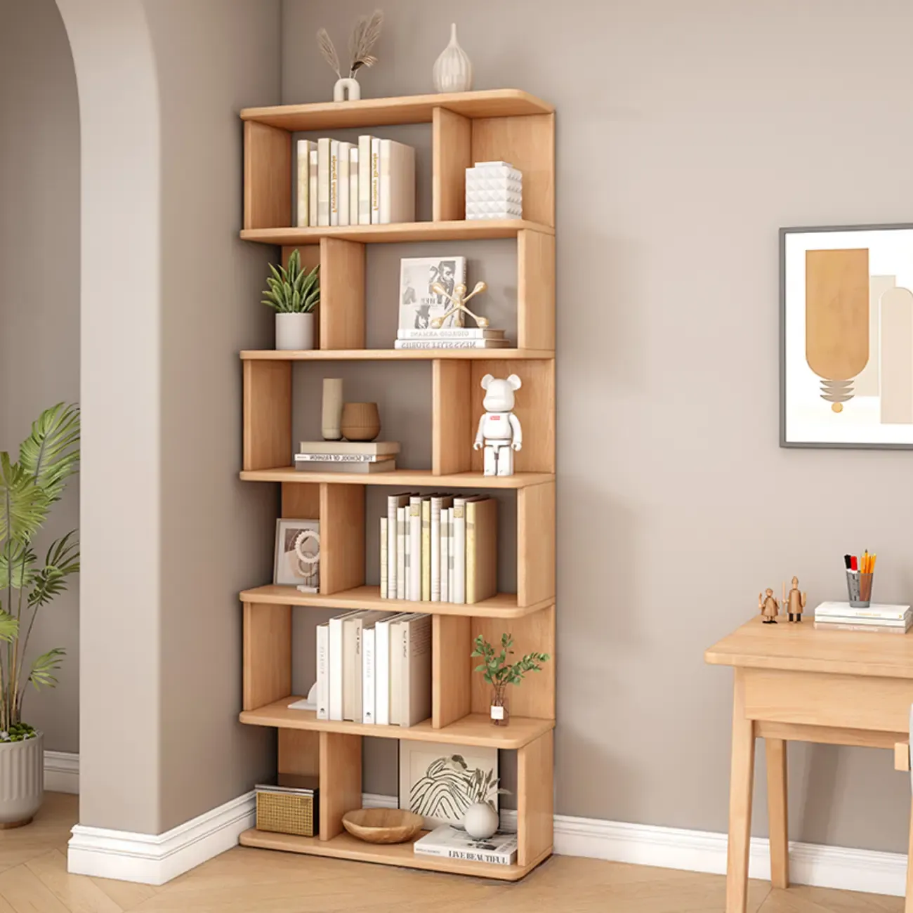 Mid-Century 6-Tier Open Back Wooden Bookshelf Image - 14