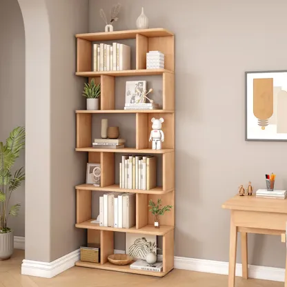 Mid-Century 6-Tier Open Back Wooden Bookshelf Image - 14