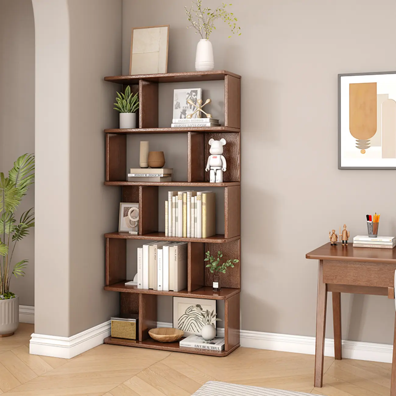 Mid-Century 6-Tier Open Back Wooden Bookshelf Image - 15 | homeyfad