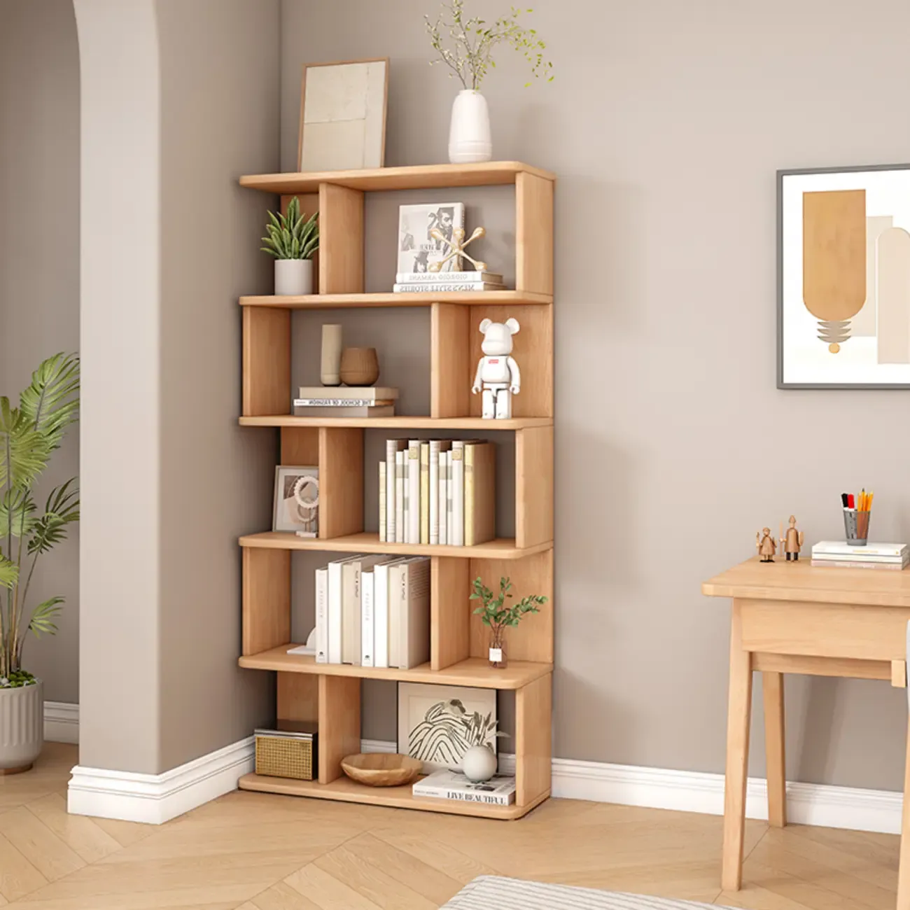 Mid-Century 6-Tier Open Back Wooden Bookshelf Image - 17