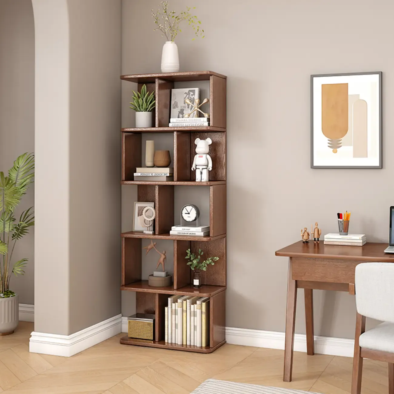 Mid-Century 6-Tier Open Back Wooden Bookshelf Image - 18