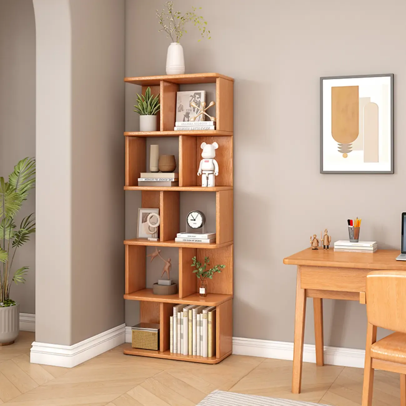 Mid-Century 6-Tier Open Back Wooden Bookshelf Image - 19