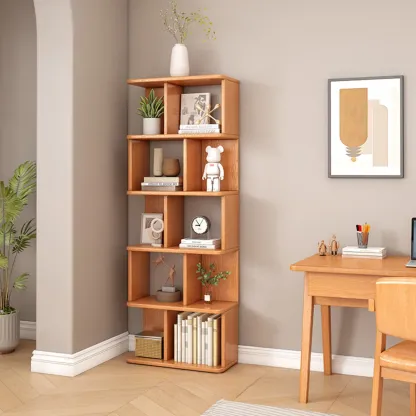 Mid-Century 6-Tier Open Back Wooden Bookshelf Image - 19