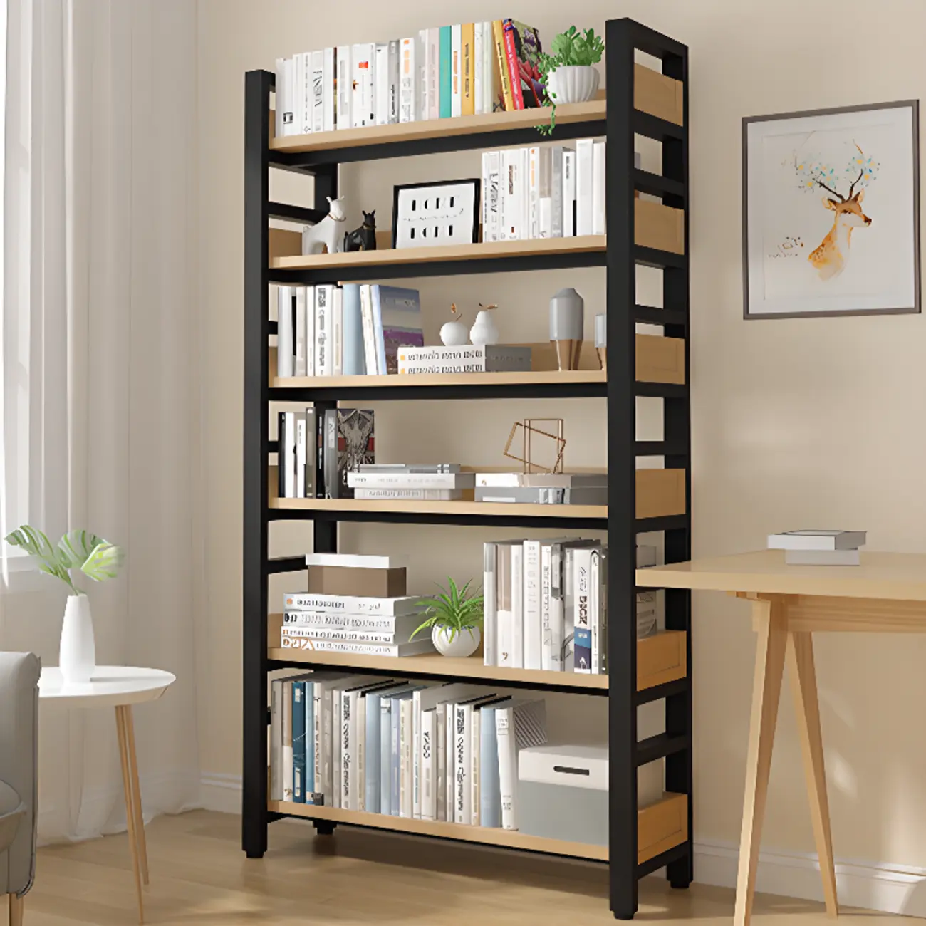 Freestanding Simple Multi-Layer Wood Bookshelf in Steel Frame Image - 3 | homeyfad