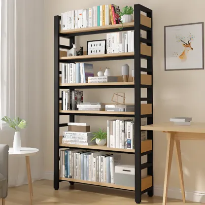 Freestanding Simple Multi-Layer Wood Bookshelf in Steel Frame Image - 3