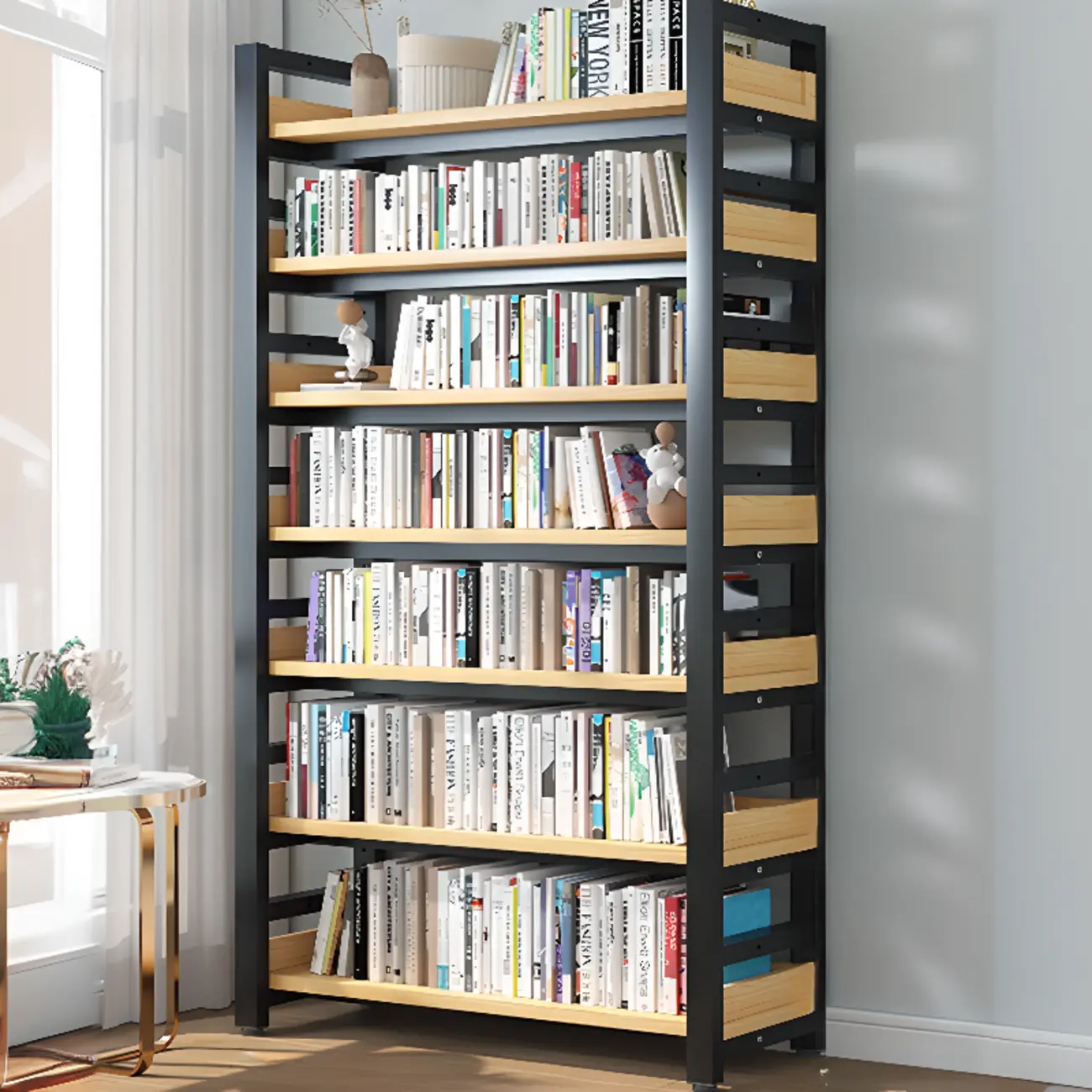 Freestanding Simple Multi-Layer Wood Bookshelf in Steel Frame Image - 4 | homeyfad