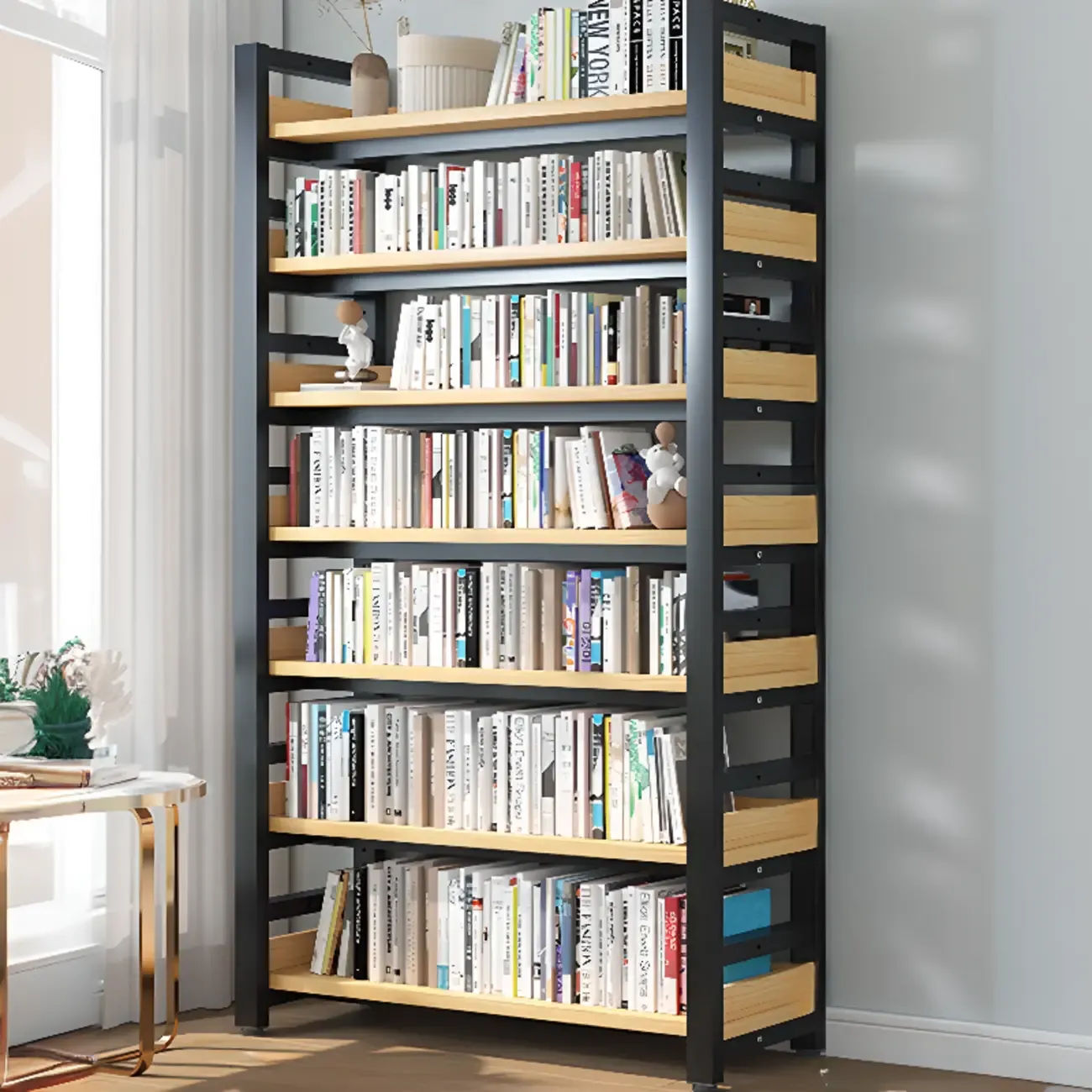 Freestanding Simple Multi-Layer Wood Bookshelf in Steel Frame Image - 4