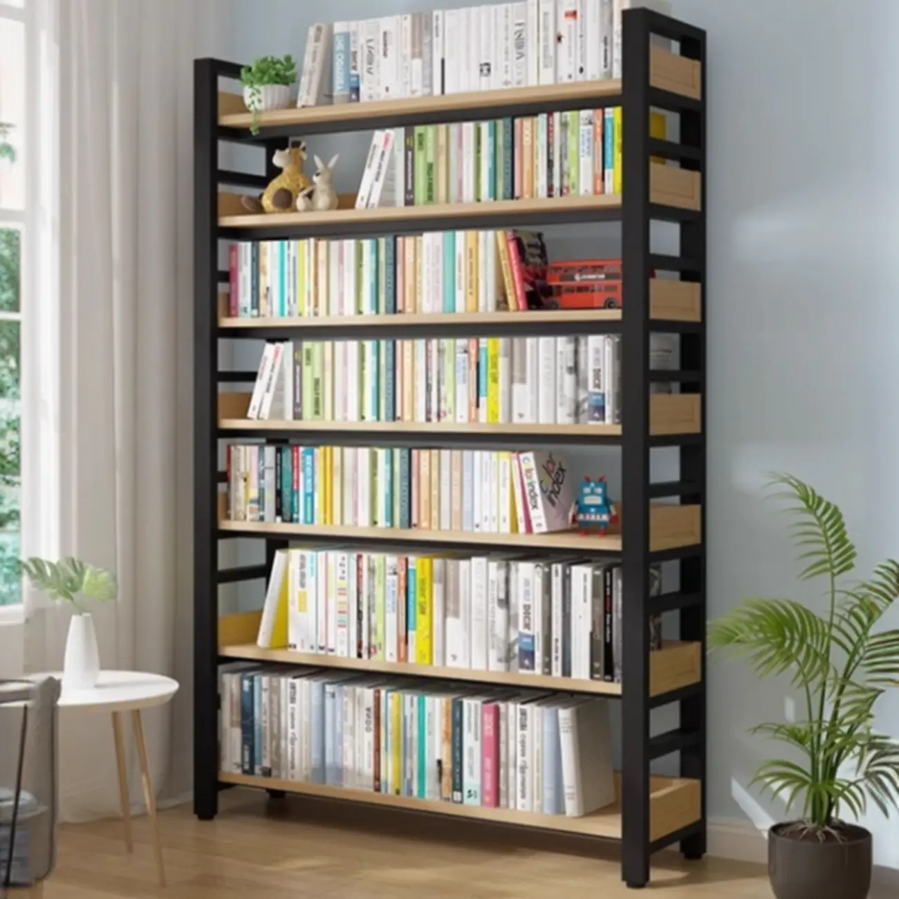 Freestanding Simple Multi-Layer Wood Bookshelf in Steel Frame Image - 5 | homeyfad