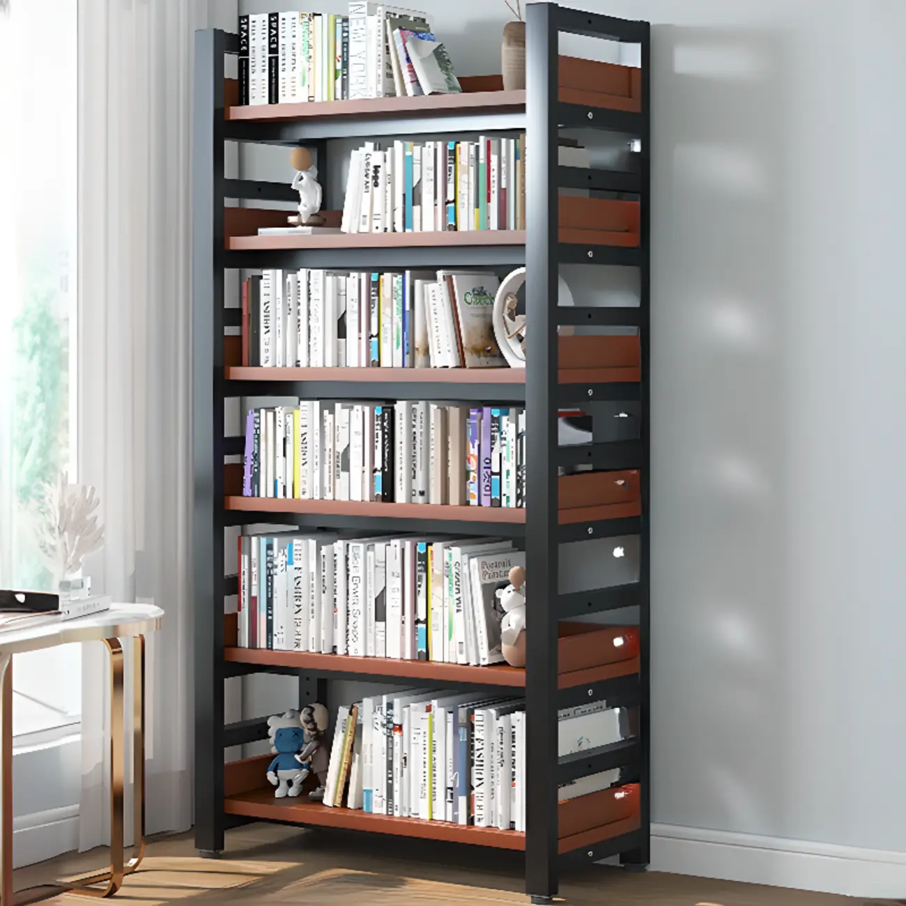 Freestanding Simple Multi-Layer Wood Bookshelf in Steel Frame Image - 6 | homeyfad