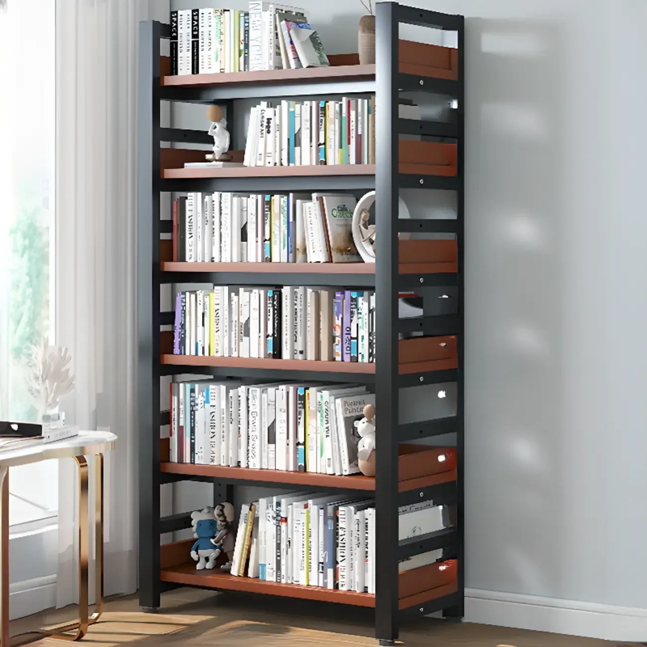 Freestanding Simple Multi-Layer Wood Bookshelf in Steel Frame Image - 6