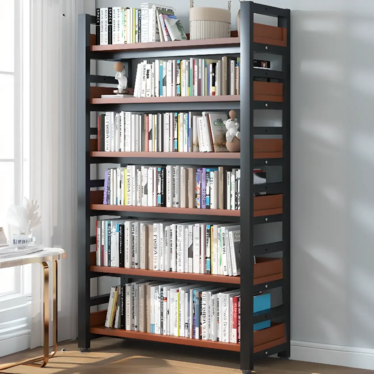Freestanding Simple Multi-Layer Wood Bookshelf in Steel Frame Image - 7