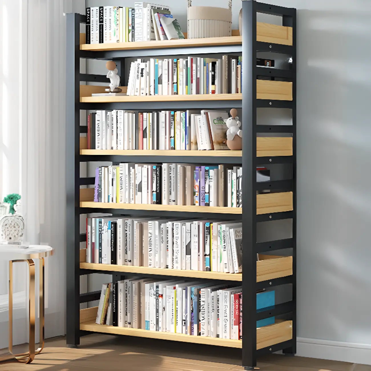 Freestanding Simple Multi-Layer Wood Bookshelf in Steel Frame Image - 10 | homeyfad