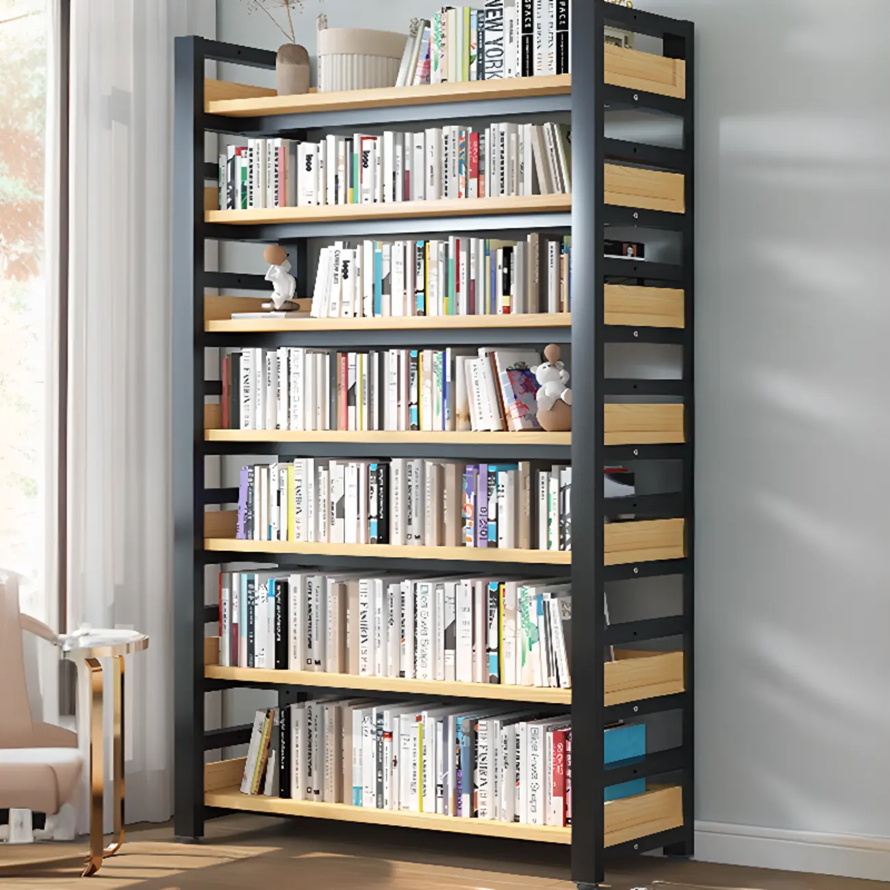 Freestanding Simple Multi-Layer Wood Bookshelf in Steel Frame Image - 12 | homeyfad
