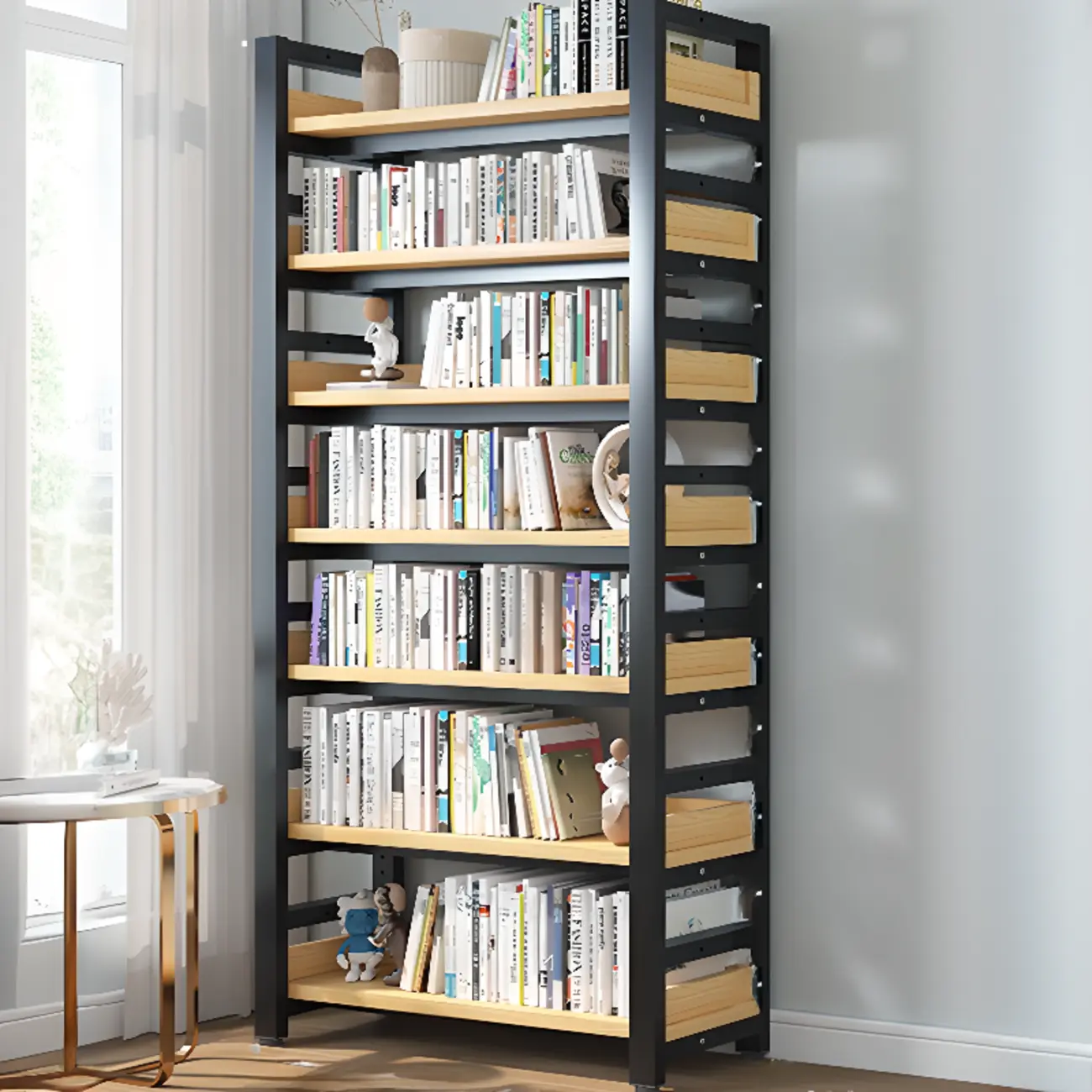 Freestanding Simple Multi-Layer Wood Bookshelf in Steel Frame Image - 14 | homeyfad