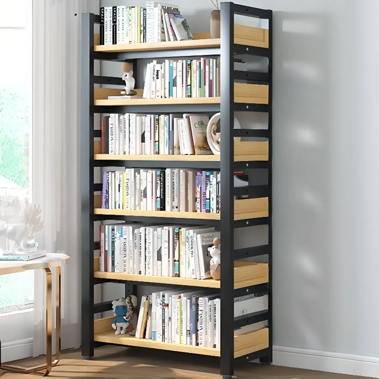 Freestanding Simple Multi-Layer Wood Bookshelf in Steel Frame Image - 16