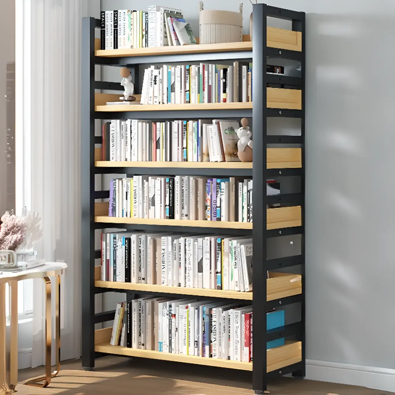 Freestanding Simple Multi-Layer Wood Bookshelf in Steel Frame Image - 18
