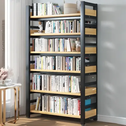 Freestanding Simple Multi-Layer Wood Bookshelf in Steel Frame Image - 18