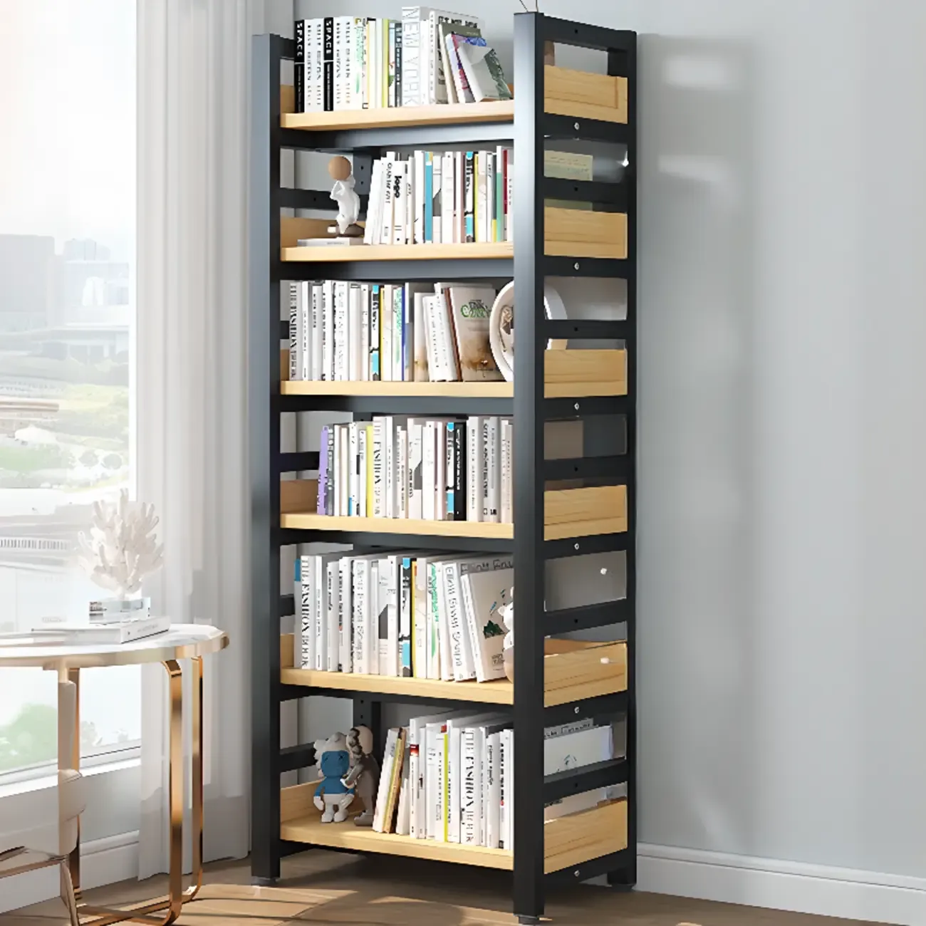 Freestanding Simple Multi-Layer Wood Bookshelf in Steel Frame Image - 19