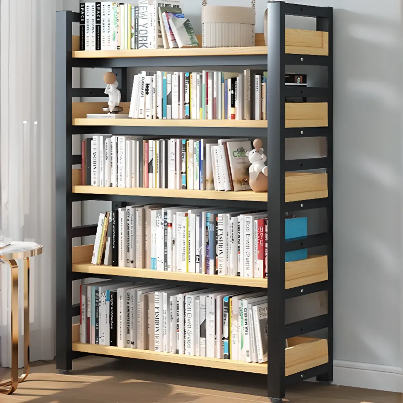 Freestanding Simple Multi-Layer Wood Bookshelf in Steel Frame Image - 21