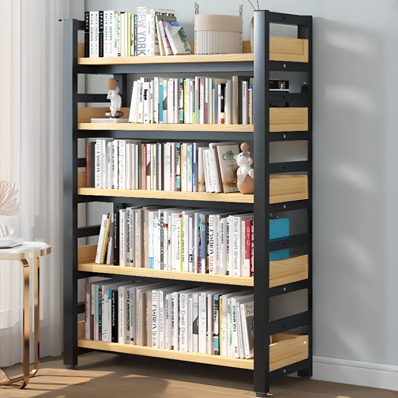 Freestanding Simple Multi-Layer Wood Bookshelf in Steel Frame Image - 23 | homeyfad