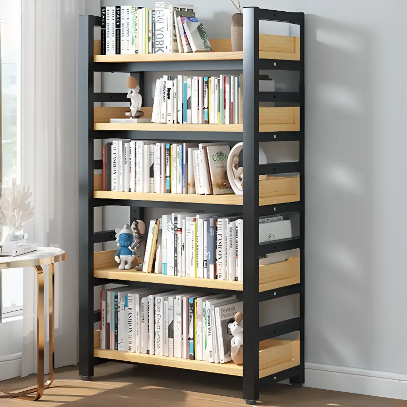 Freestanding Simple Multi-Layer Wood Bookshelf in Steel Frame Image - 24