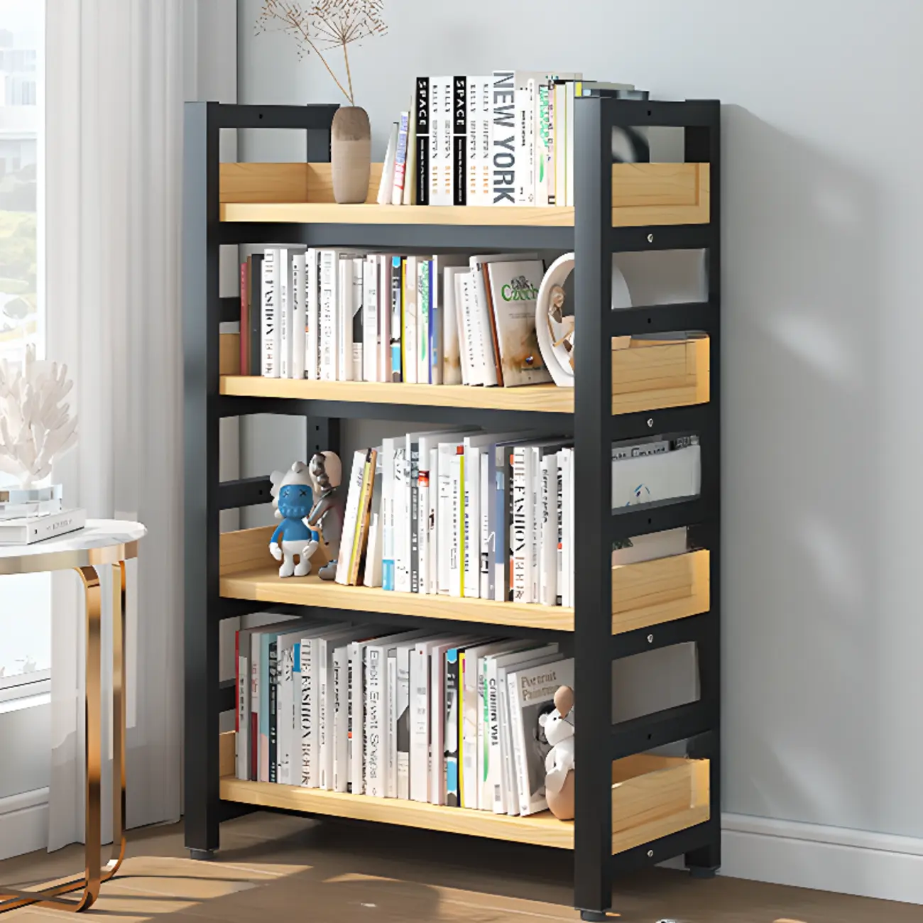 Freestanding Simple Multi-Layer Wood Bookshelf in Steel Frame Image - 25 | homeyfad