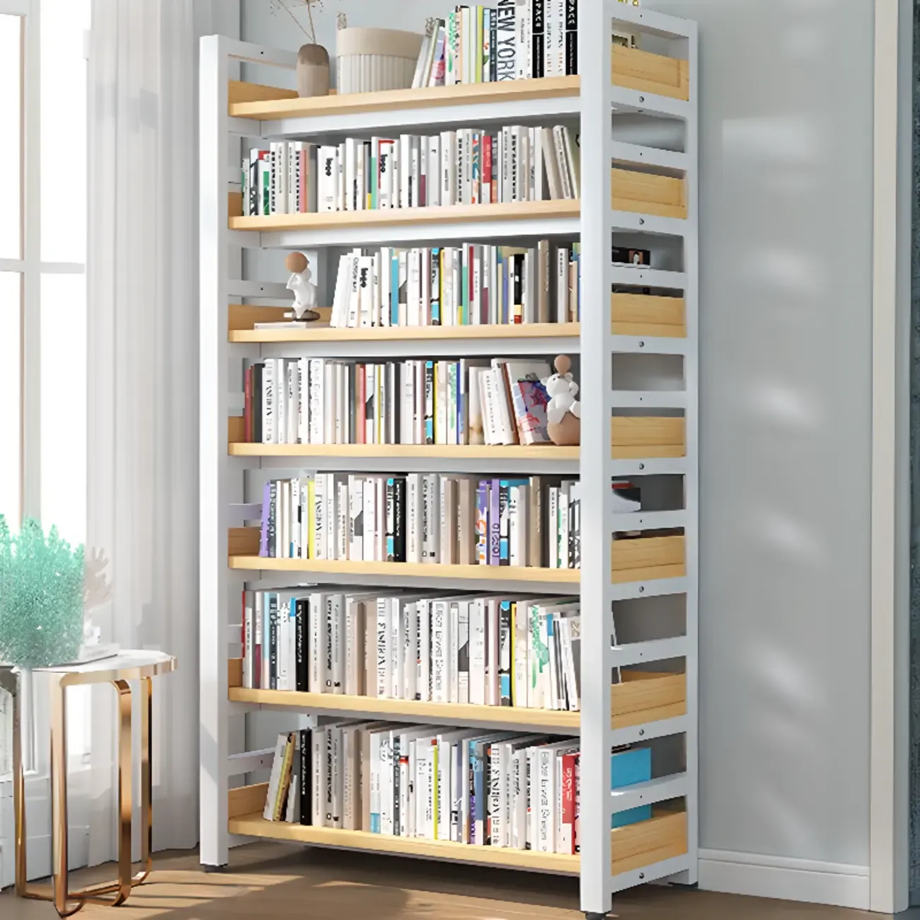 Freestanding Simple Multi-Layer Wood Bookshelf in Steel Frame Image - 30