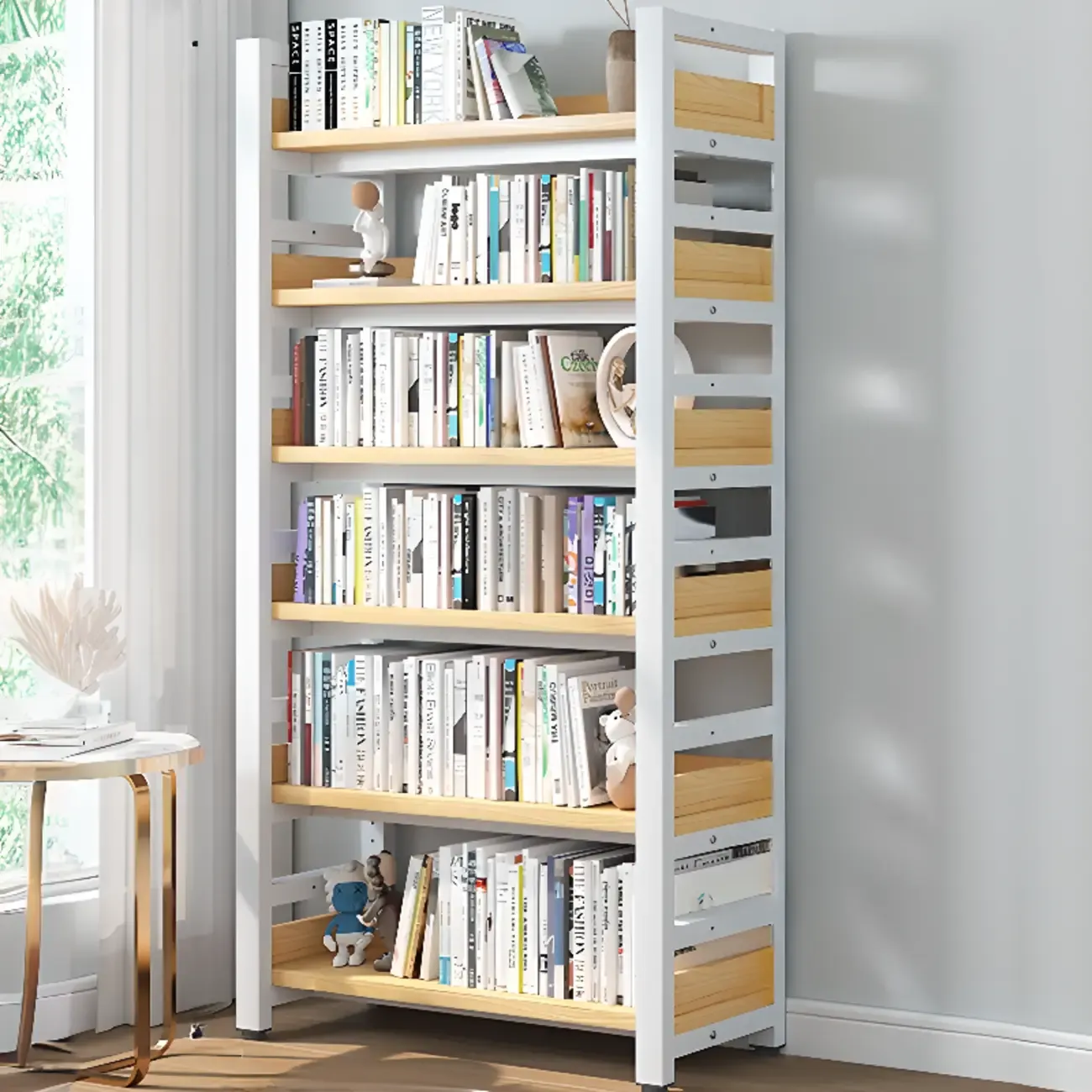 Freestanding Simple Multi-Layer Wood Bookshelf in Steel Frame Image - 34