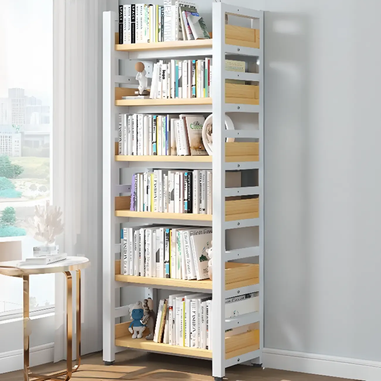 Freestanding Simple Multi-Layer Wood Bookshelf in Steel Frame Image - 35