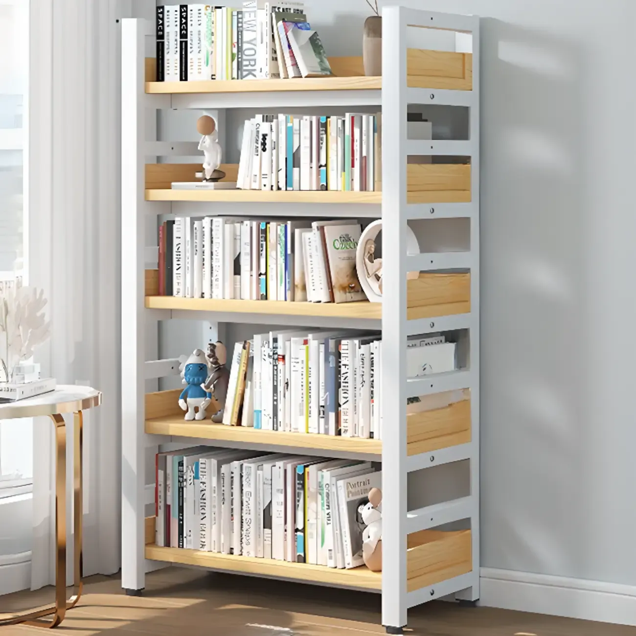 Freestanding Simple Multi-Layer Wood Bookshelf in Steel Frame Image - 38