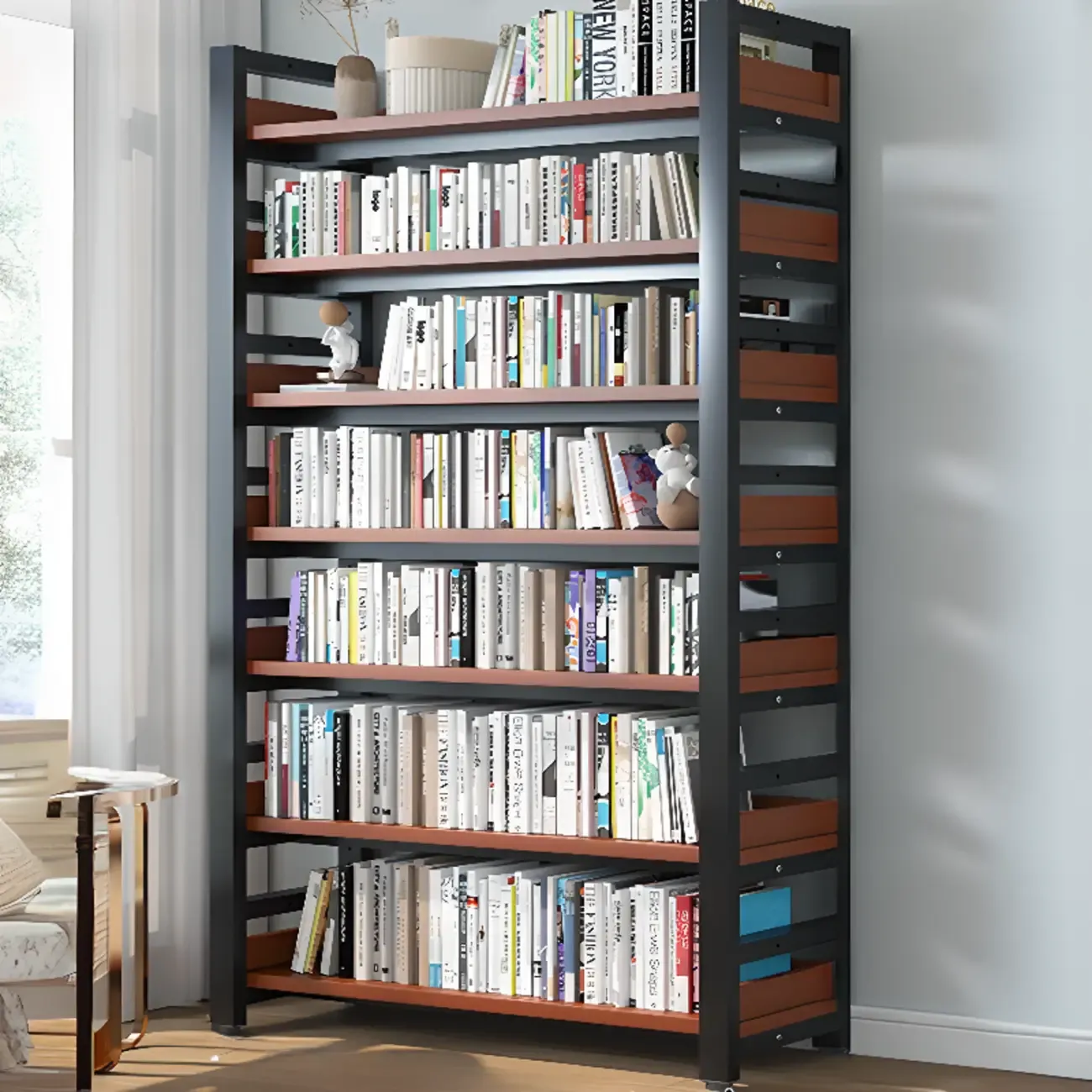 Freestanding Simple Multi-Layer Wood Bookshelf in Steel Frame Image - 56