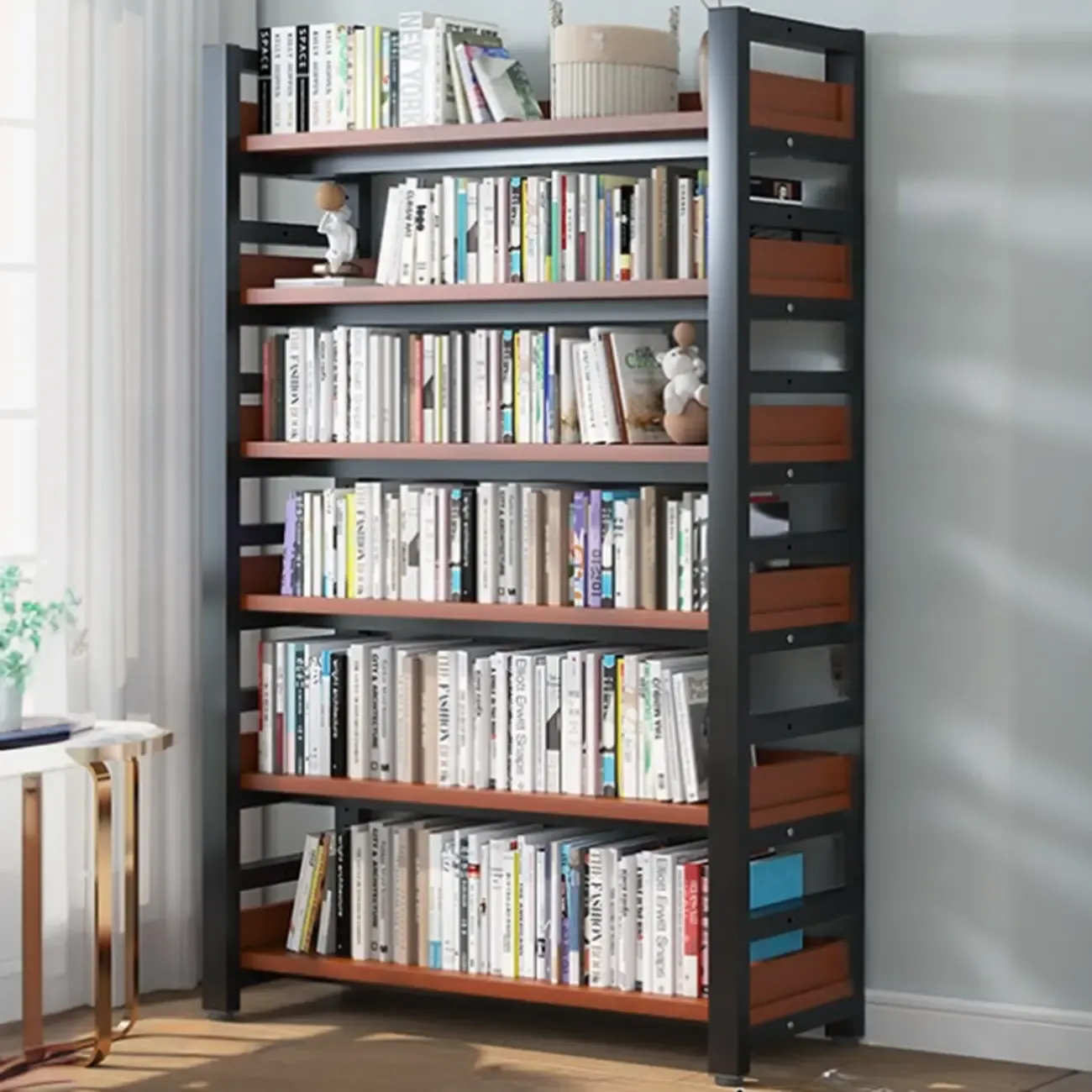 Freestanding Simple Multi-Layer Wood Bookshelf in Steel Frame Image - 58
