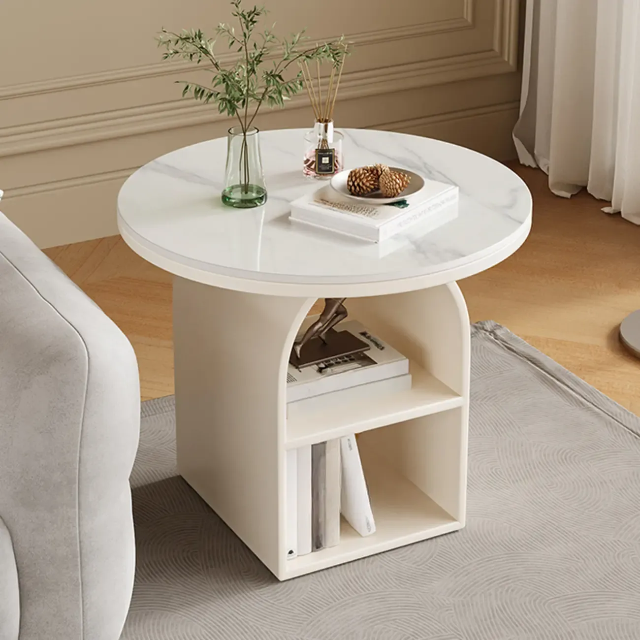 Modern Geometric Sintered Stone White 3-Tier Chairside Table Image - 1