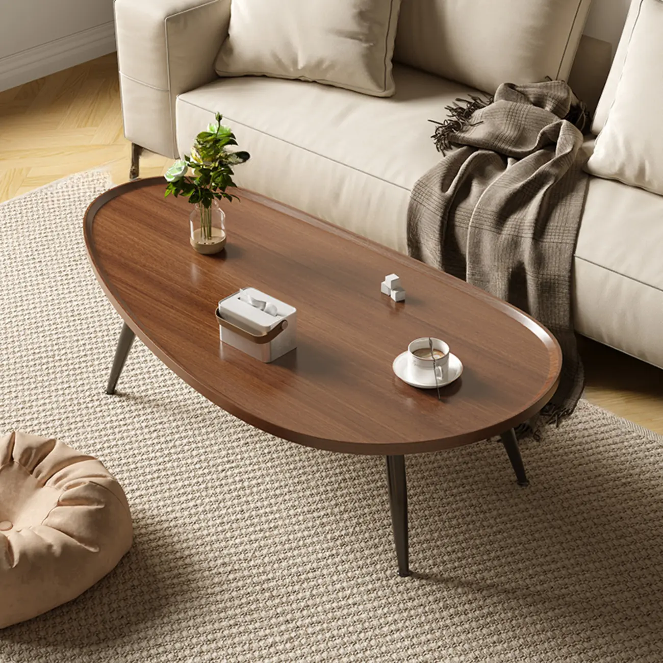 Modern Walnut Metal Base Wood Coffee Table with Tray Top Image - 1 | homeyfad