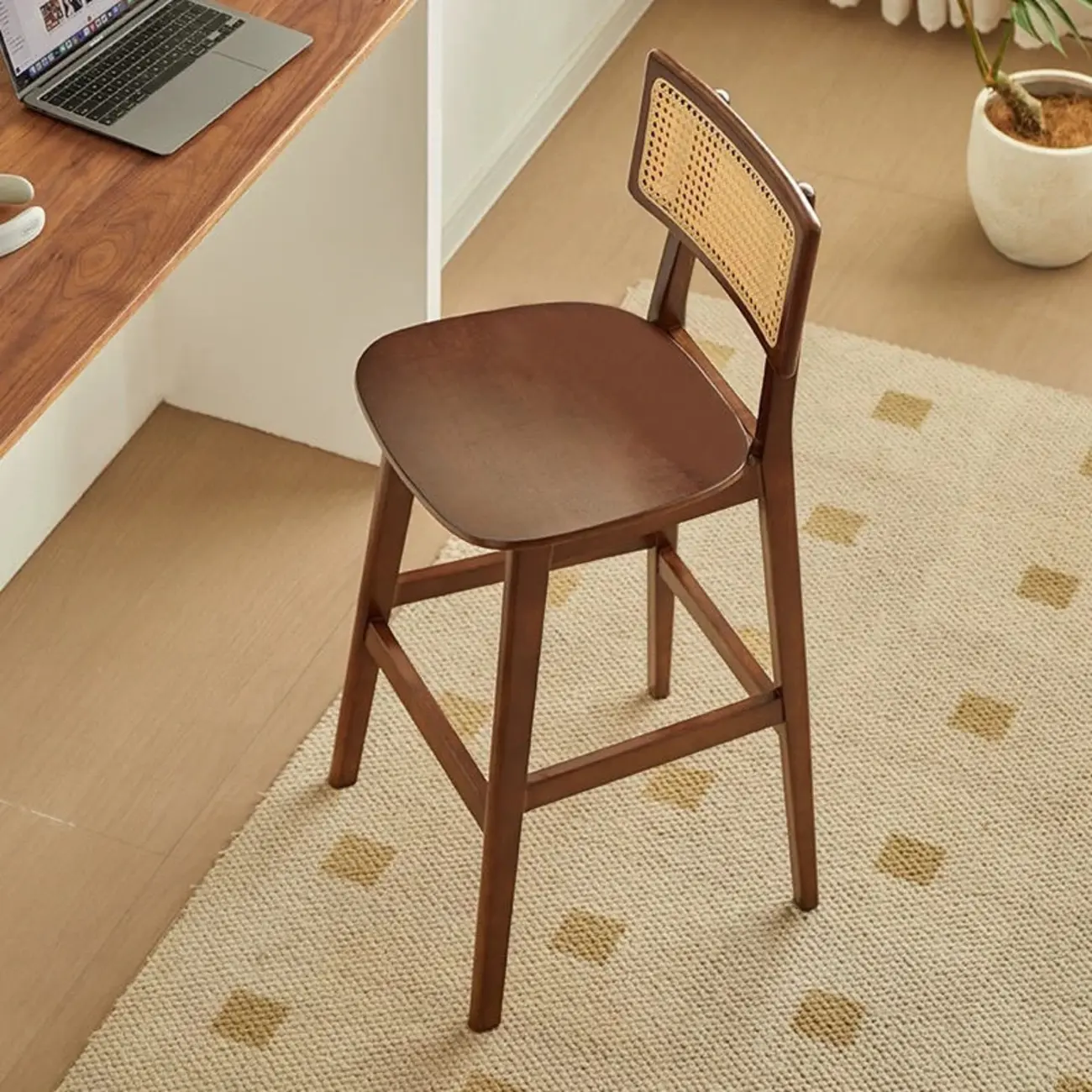 Modern Wooden Rattan Back Counter Stools with Footrest Image - 1 | homeyfad