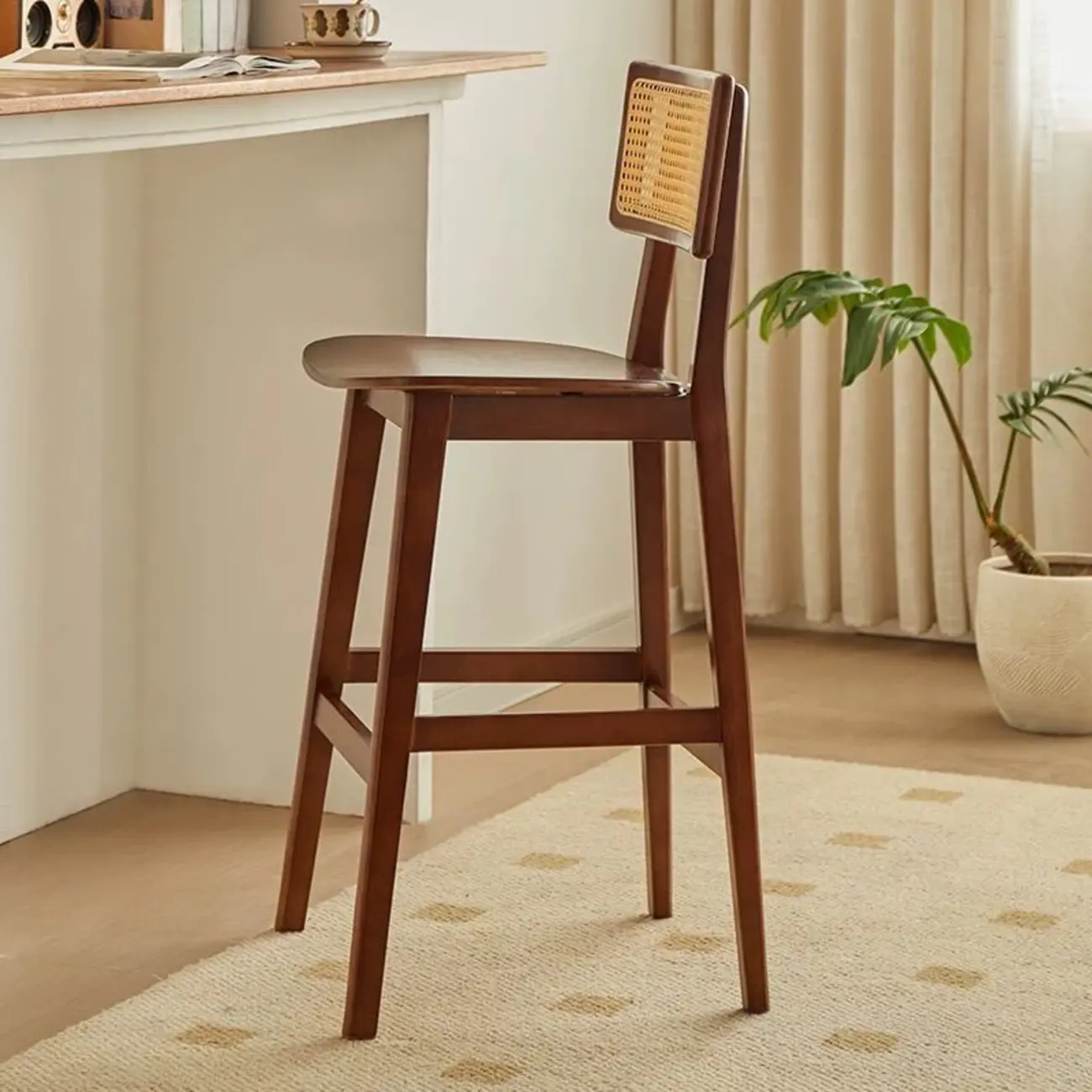 Modern Wooden Rattan Back Counter Stools with Footrest Image - 2 | homeyfad