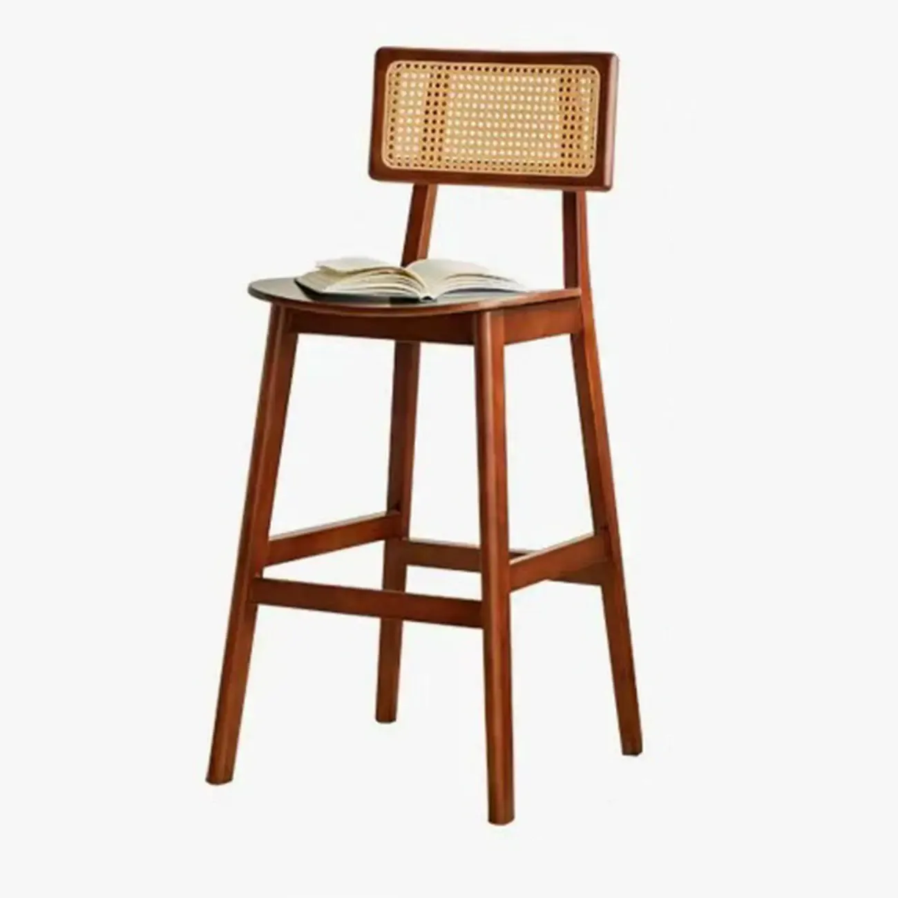 Modern Wooden Rattan Back Counter Stools with Footrest Image - 8
