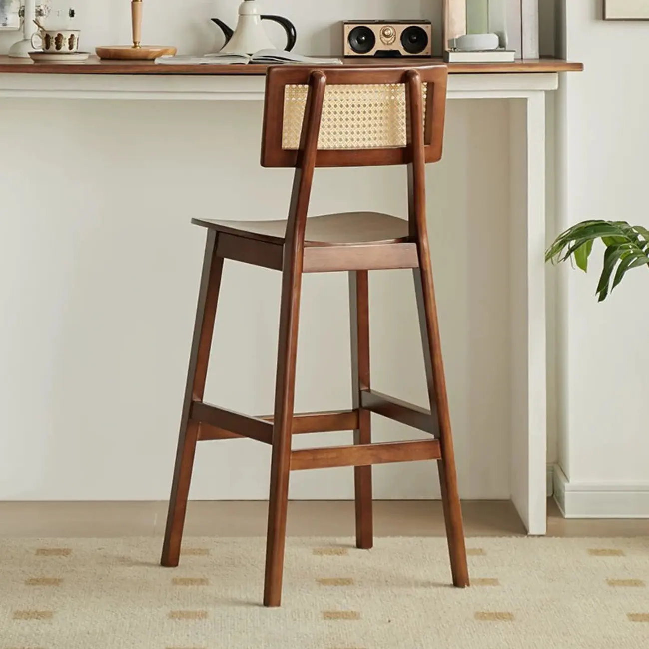 Modern Wooden Rattan Back Counter Stools with Footrest Image - 3 | homeyfad