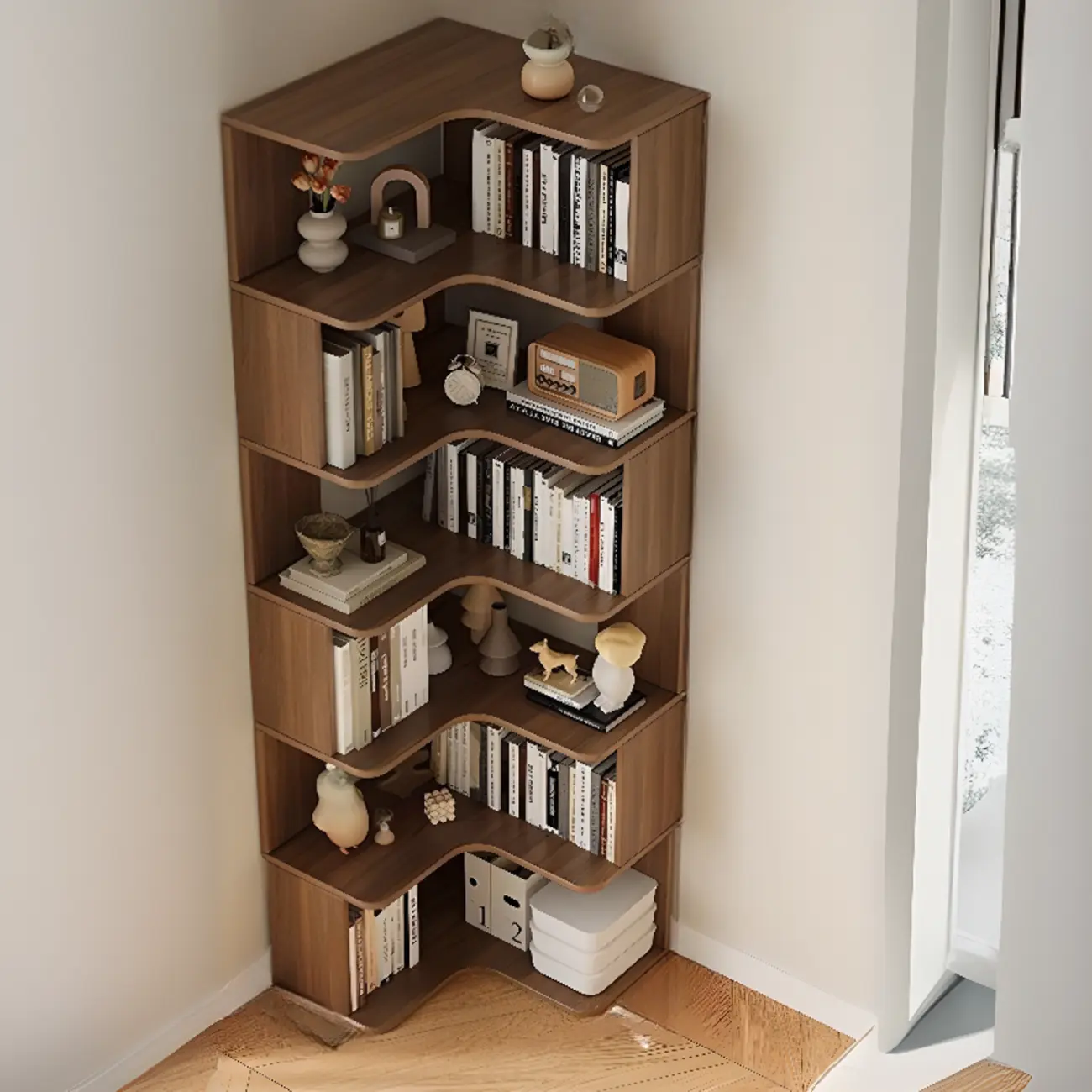 Manufactured Wood Corner Bookshelf with 6 Shelves Image - 4 | homeyfad