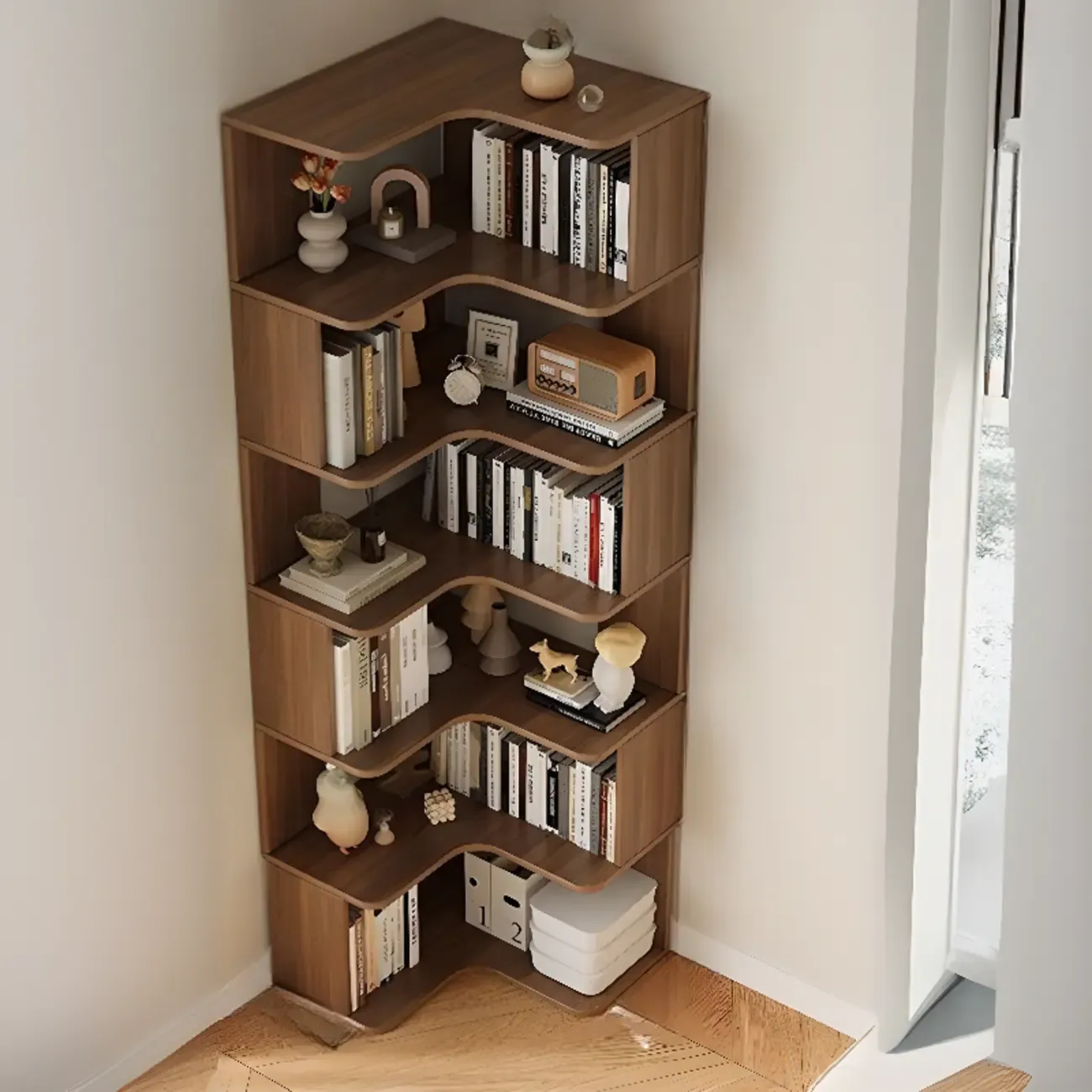 Manufactured Wood Corner Bookshelf with 6 Shelves Image - 4