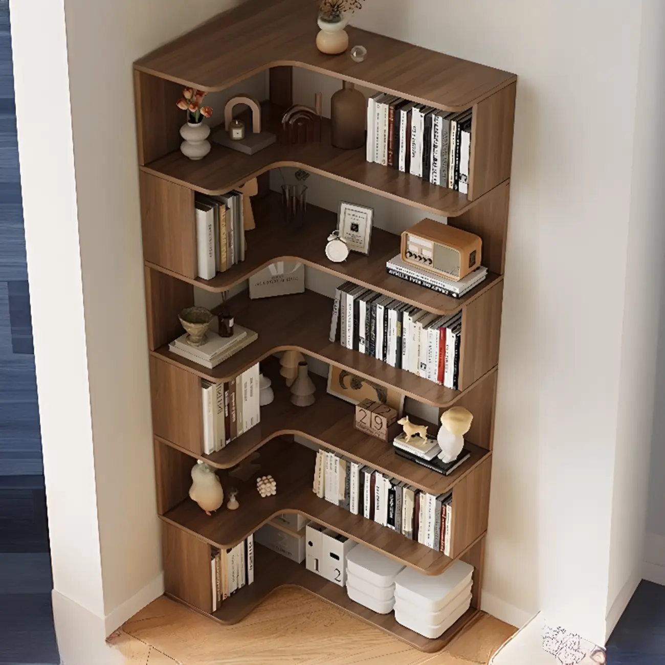 Manufactured Wood Corner Bookshelf with 6 Shelves Image - 3 | homeyfad